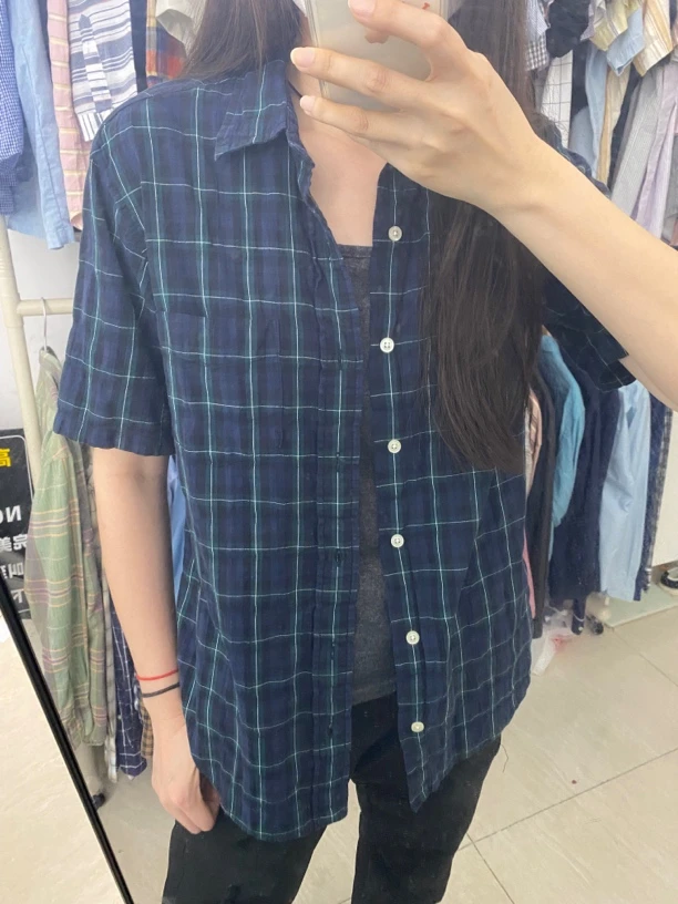 古着时尚休闲百搭翻领短袖衬衫复古条纹衬衣薄款男士夏季