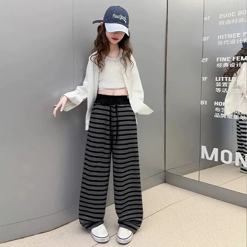 【女童糯米裤】2025春季韩版儿童条纹直筒裤女宝洋气宽松中大童裤