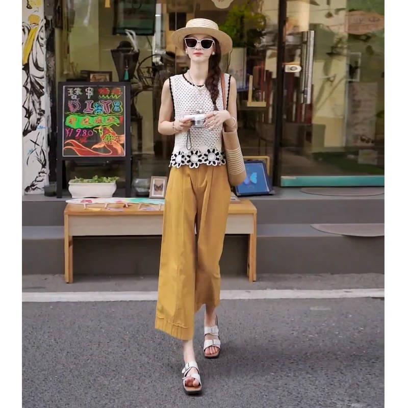 小个子显高时尚套装夏季新款镂空刺绣花朵针织衫休闲直筒裤两件套