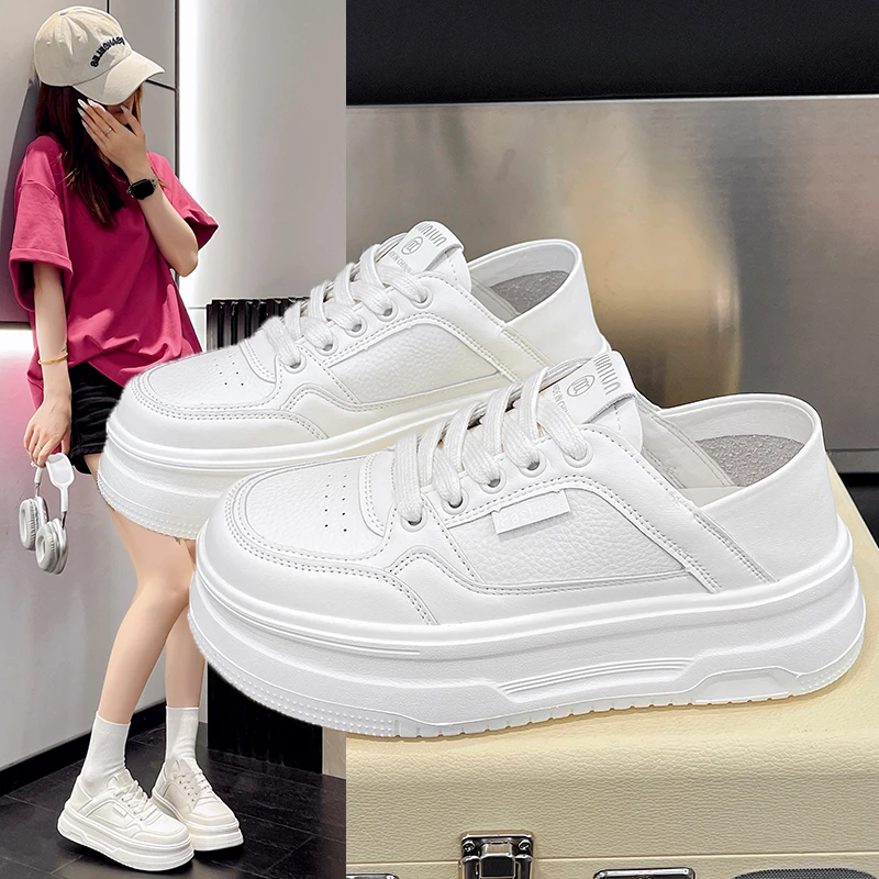 5CM厚底两穿踩脚韩版小白鞋女2025新款百搭增高系带休闲风板鞋