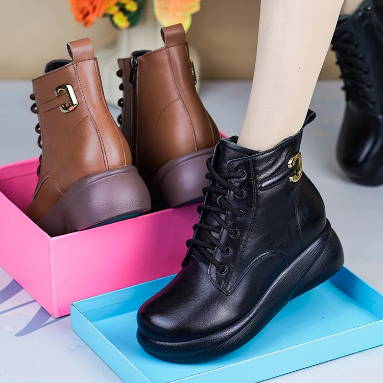 d6280冬季新款短靴女松糕厚底加绒马丁靴全牛皮软底妈妈鞋