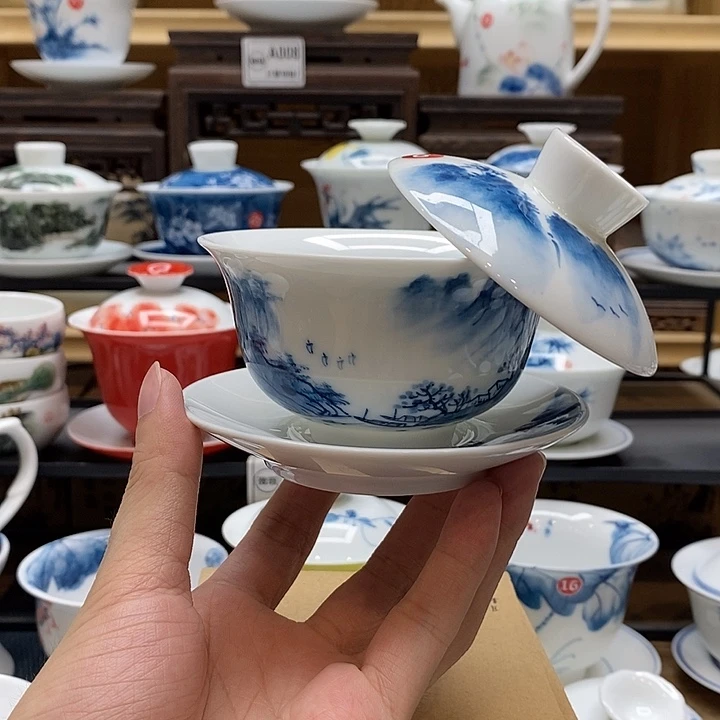 手绘烟雨江南盖碗150cc悬停釉下彩微瑕福利款