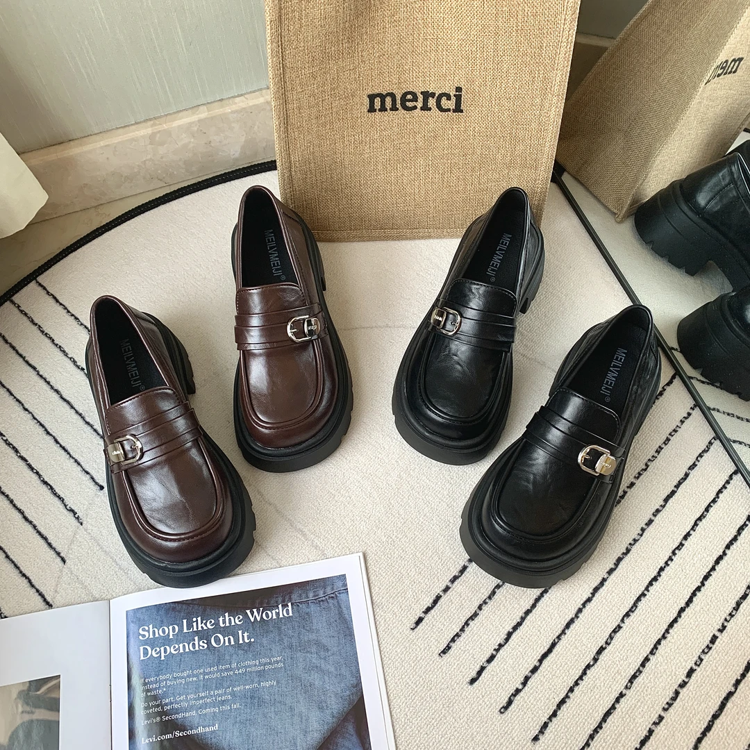 厚底韩系单鞋女2025春季新款流行复古通勤时尚小个子粗跟乐福鞋