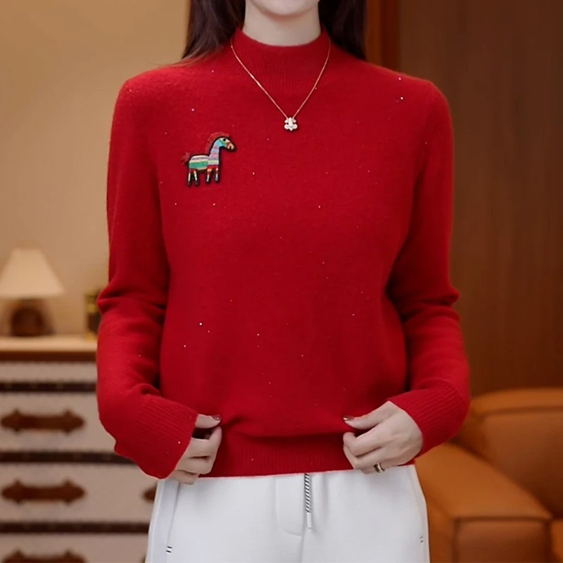 设计感小马刺绣半高领针织衫女2025冬季新款宽松显瘦气质减龄上衣