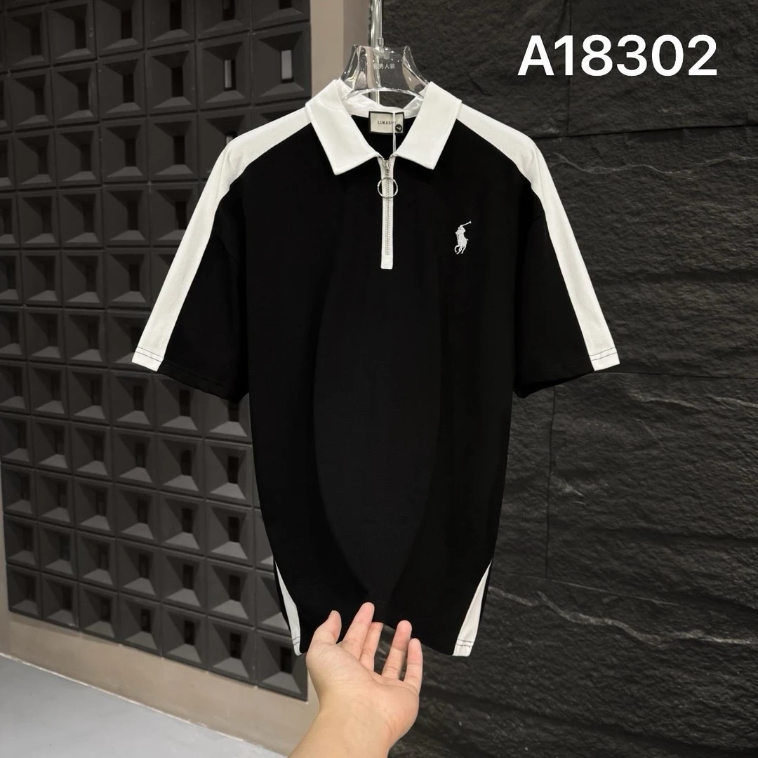 HI-A18302-男士百搭休闲商务宽松翻领韩版撞色拼接刺绣小标polo衫