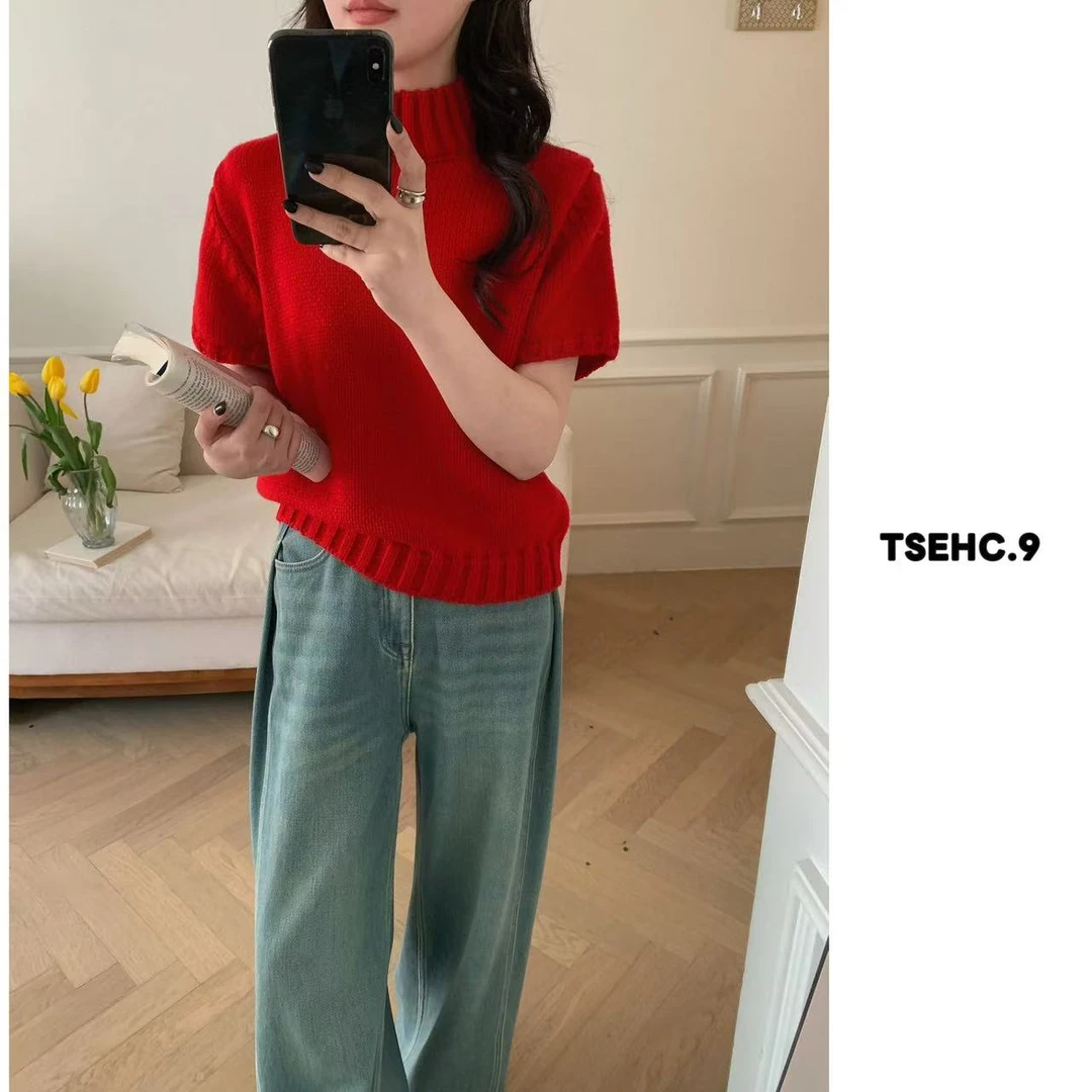 TSEHC.9韩系新品ins气质简约显瘦软糯半高领短袖针织上衣A254