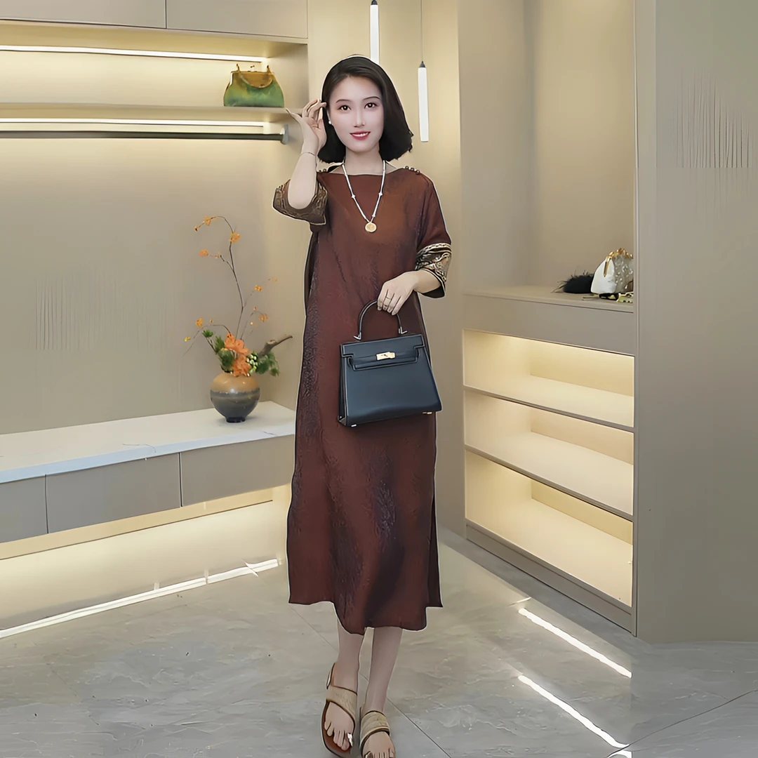 鸿运当头新中式新款百搭斜襟不褪色短袖绫罗提花连衣裙中长款复古