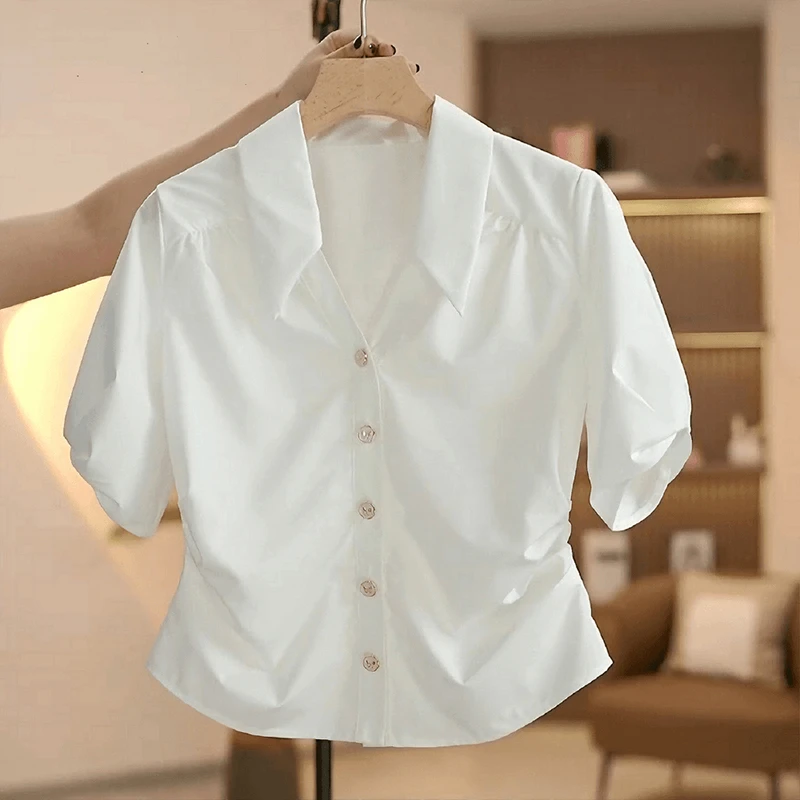 纯棉白色polo半开领短袖衬衫女2024夏高级感洋气百搭显瘦薄上衣
