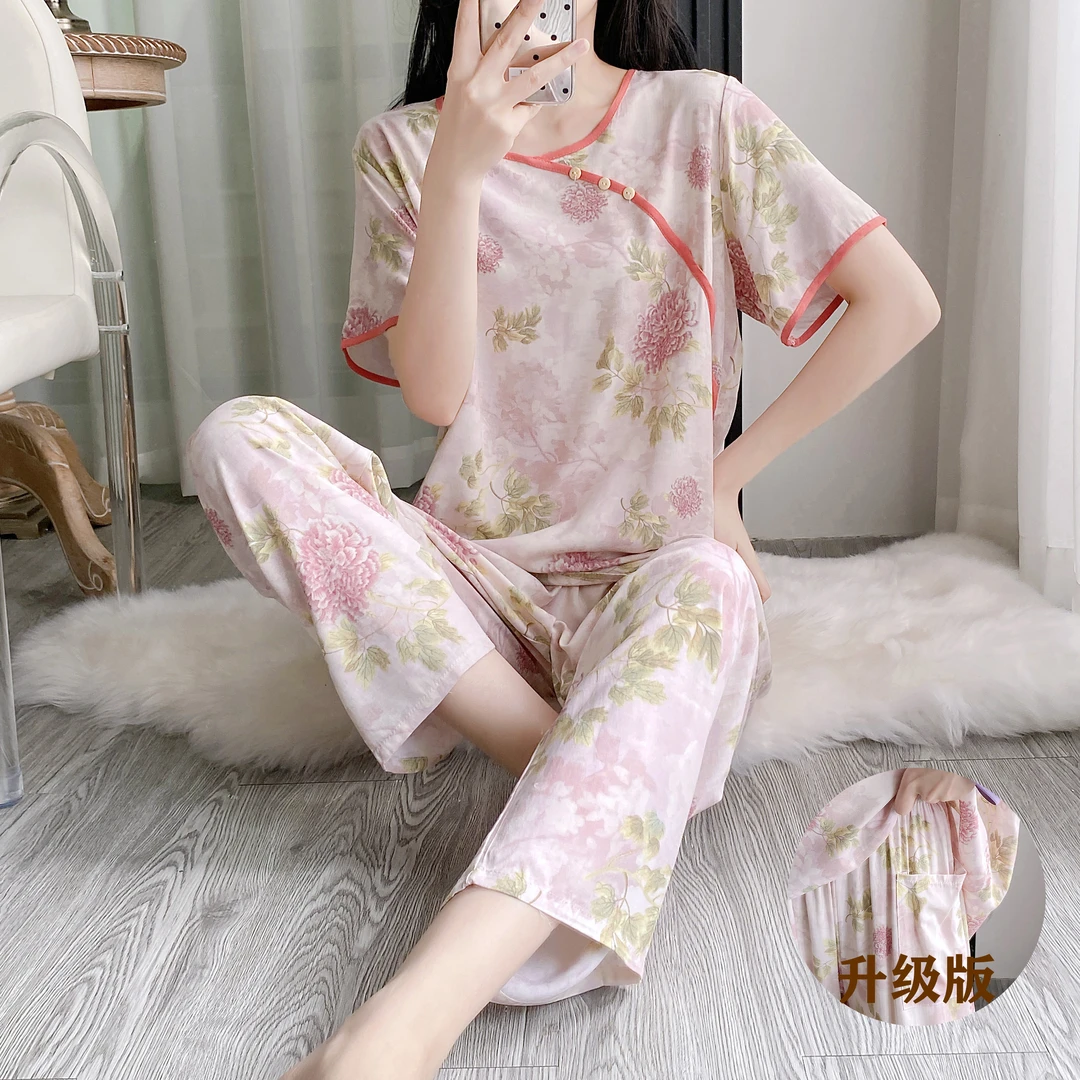 中国风新款夏季绵绸宽松舒适家居服夏天短袖套头人造棉可外穿套装