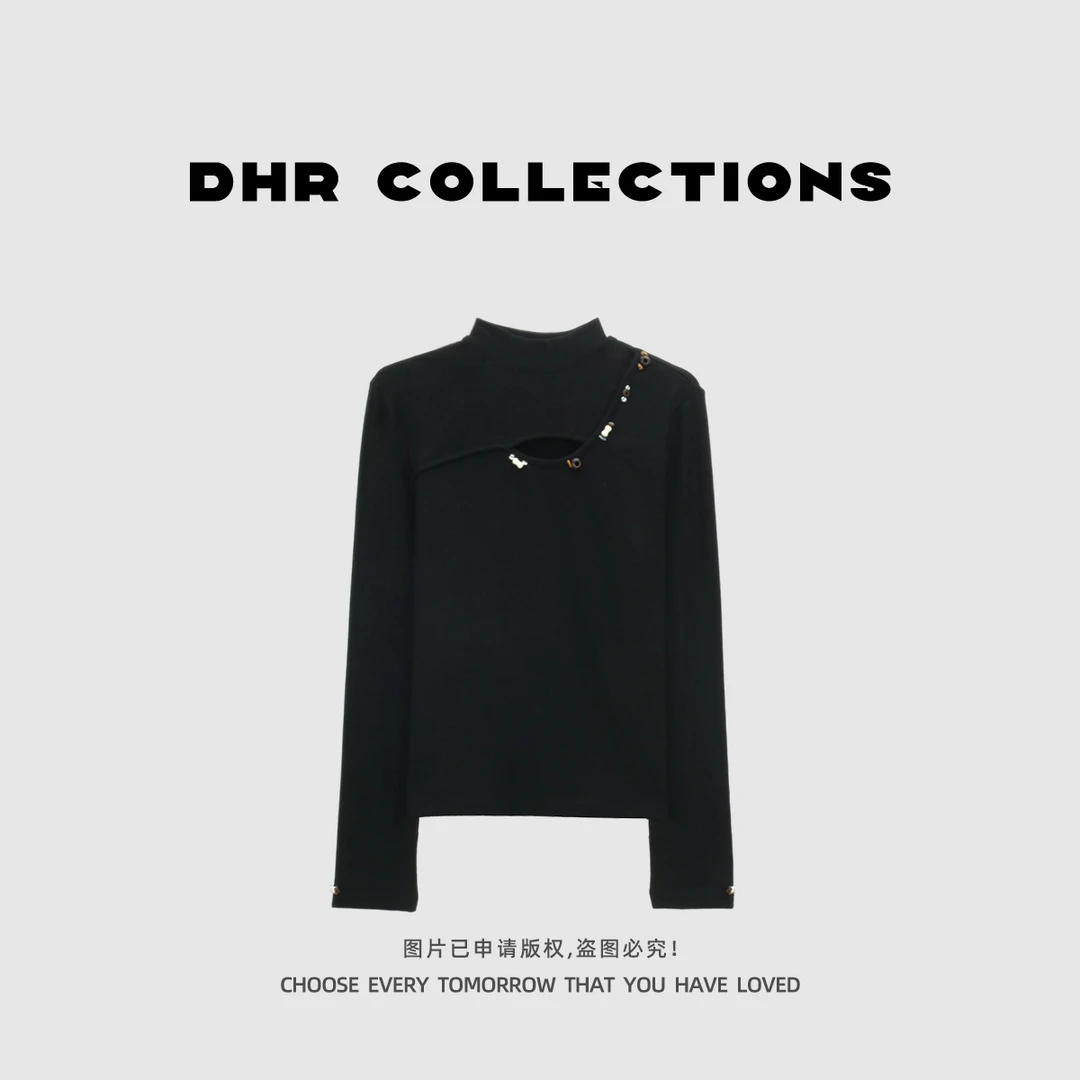 豆豆1【胸口洞洞】加绒加厚设计感长袖打底衫百搭T恤上衣-25QT025