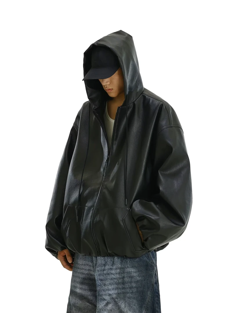 秋季连帽皮衣夹克男宽松外套男女同款美式潮流PU防风衣百搭上衣