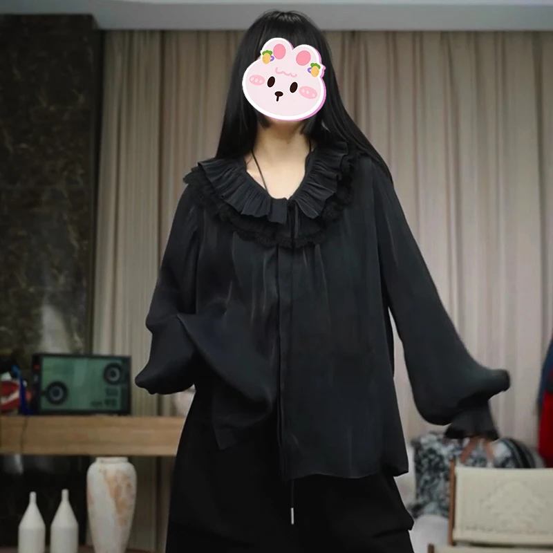 2025秋季新款宽松遮肉设计感双层荷叶木耳花边V领长袖宫廷衬衫女