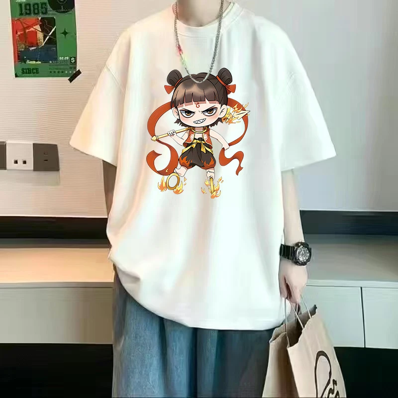 港风短袖t恤动漫哪吒敖丙短袖冰丝T恤男女上衣服潮流百搭白色T