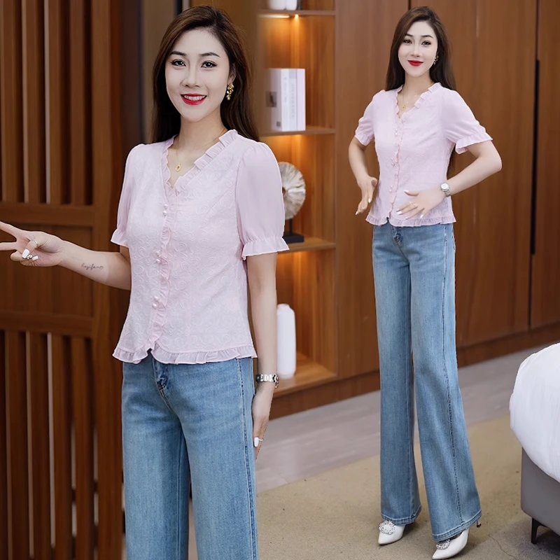 V领短袖雪纺上衣女装2025夏季短款潮收腰蕾丝衬衫木耳边洋气小衫