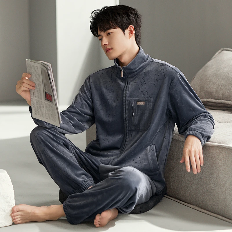 2025秋冬季新款男士暖绒家居服海岛绒高档睡衣可外穿男款拉链套装