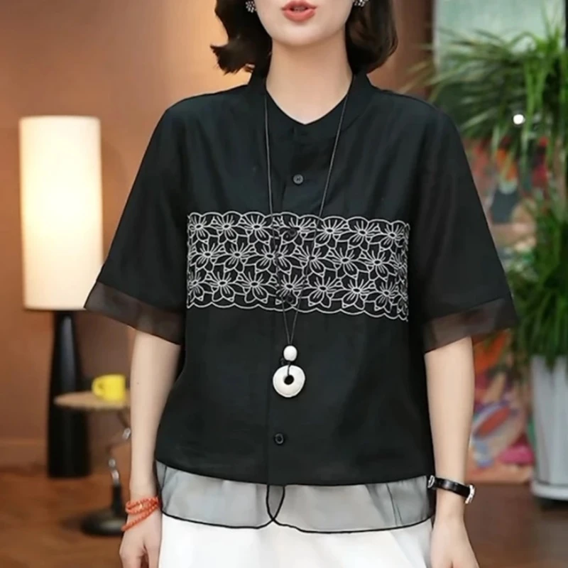 2025夏季新款时尚显瘦遮肉上衣韩系老钱风洋气减龄刺绣轻奢感小衫