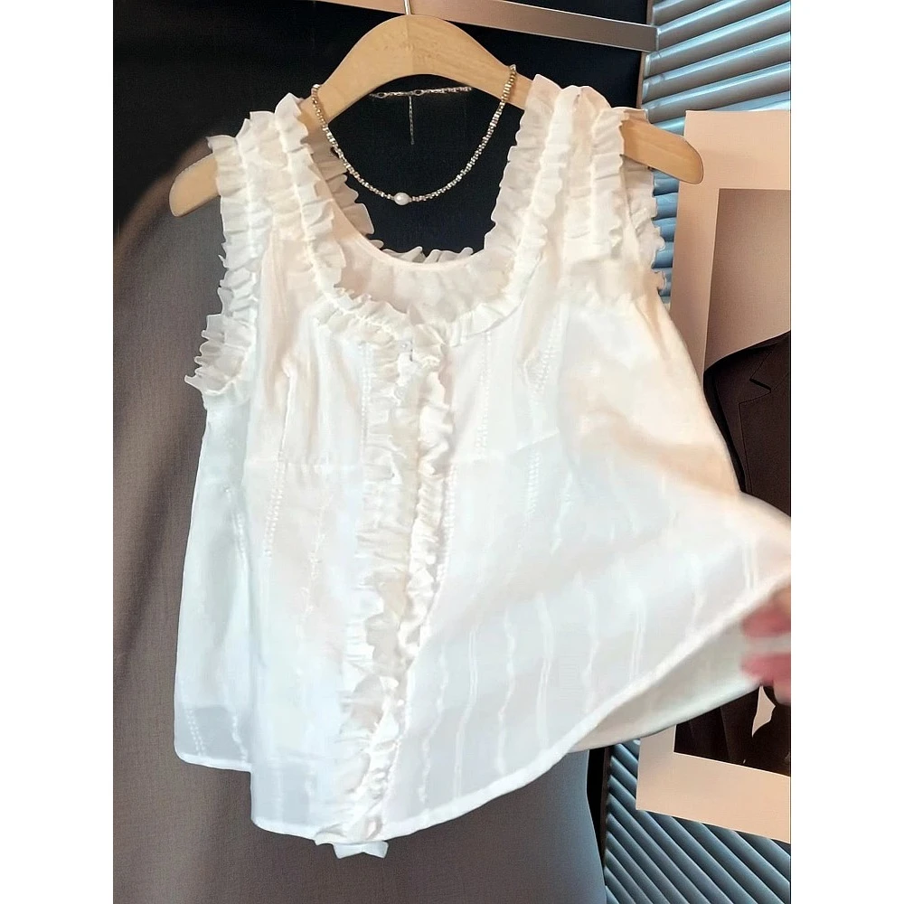 一眼就爱上的！名媛小香风重工刺绣拼接木耳花边无袖背心衬衫女夏
