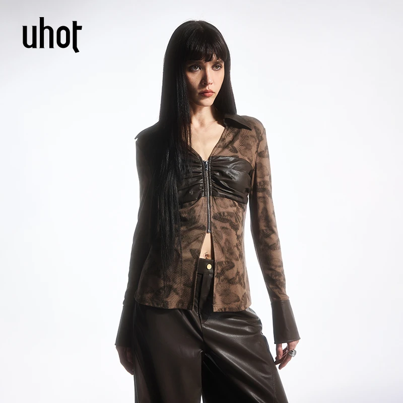 UHOT 欧美复古满印蝴蝶拼皮上衣UWFA1N276