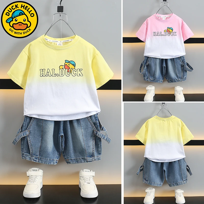 小黄鸭童装儿童中小童短袖套装2025新款宝宝上衣牛仔短裤两件套