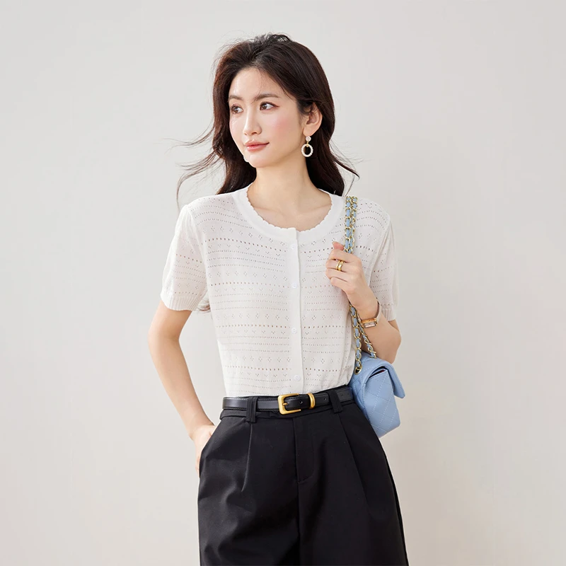 薄款短袖冰丝圆领针织开衫夏季新款镂空泡泡袖小香风短款T恤上衣