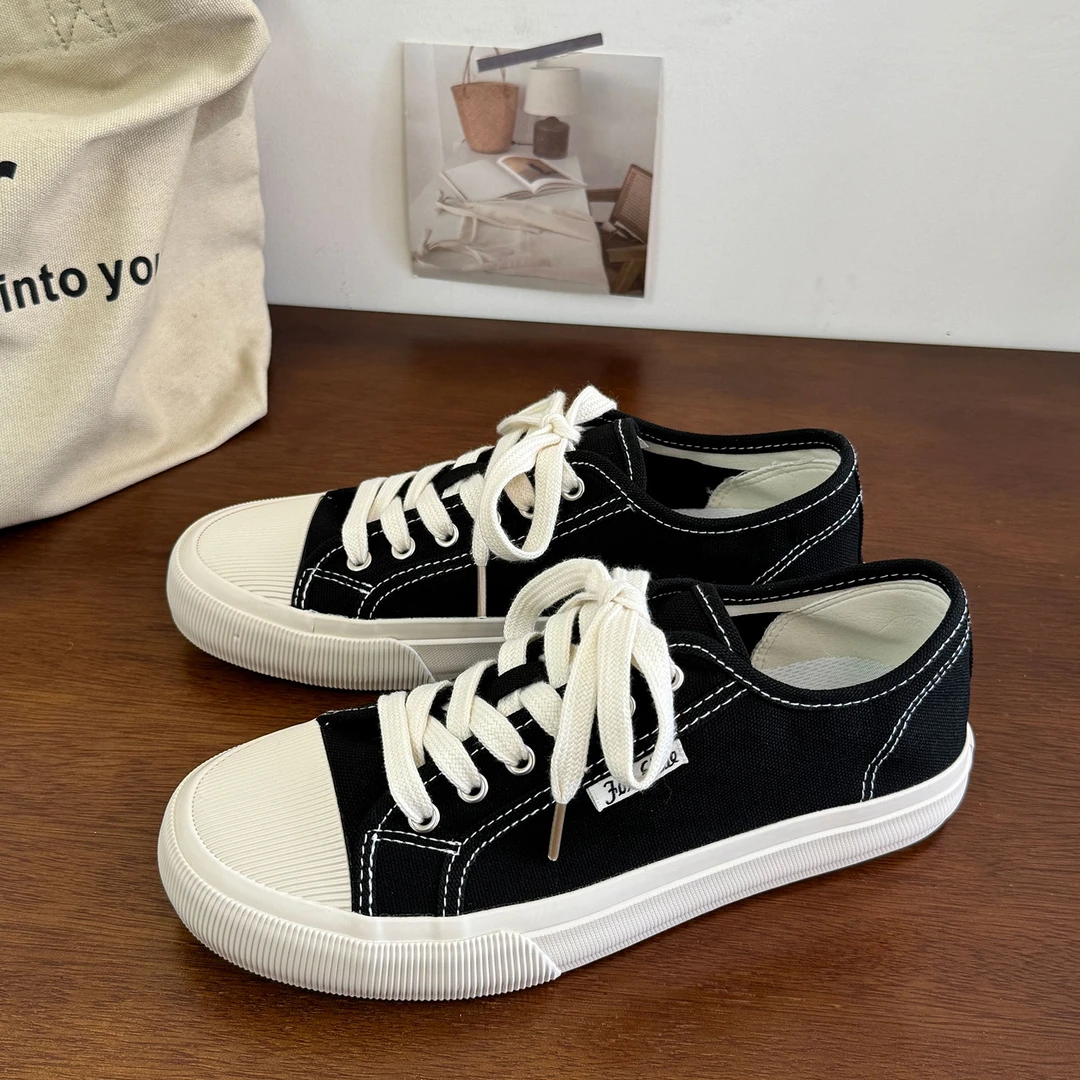 黑色低帮时尚青春潮流1722小众复古百搭学院系带港风休闲款帆布鞋