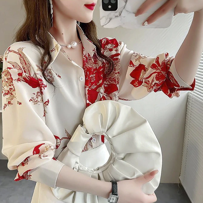 大红色碎花蝴蝶法式复古雪纺衬衫女士衬衫春秋蕾丝洋气长袖上衣
