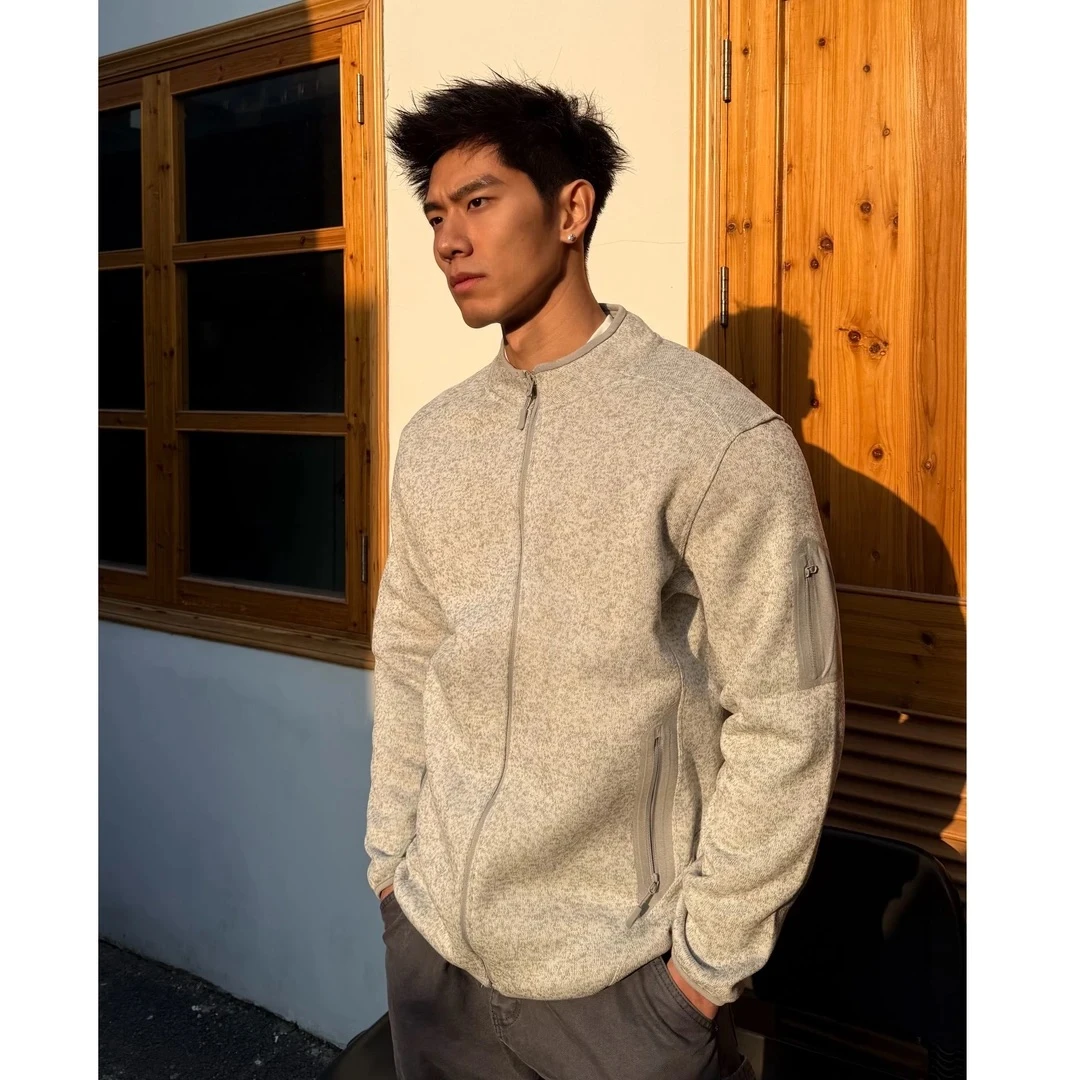 WINWIN美式抓绒简约通勤提花混纱仿羊毛拉链高级立领外套夹克冬季