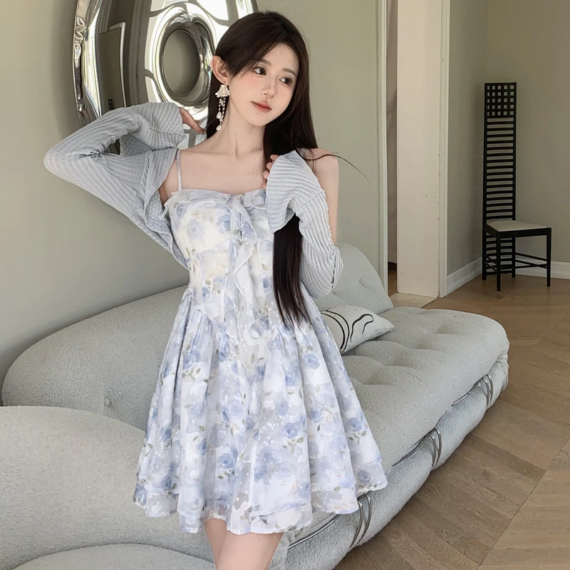大码女装法式高级感蓝色提花吊带裙套装春夏穿搭显瘦公主蓬蓬裙