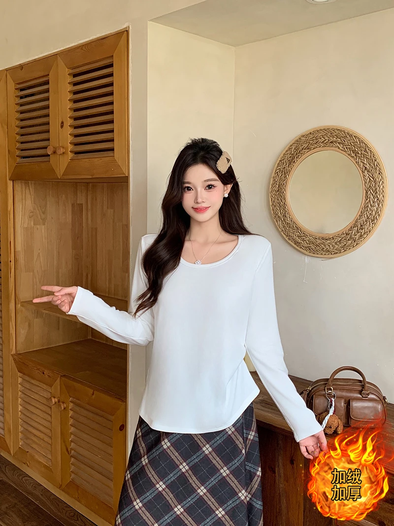 2025秋冬新款胖mm大码女百搭加绒加厚圆领正肩长袖内搭上衣 A2736