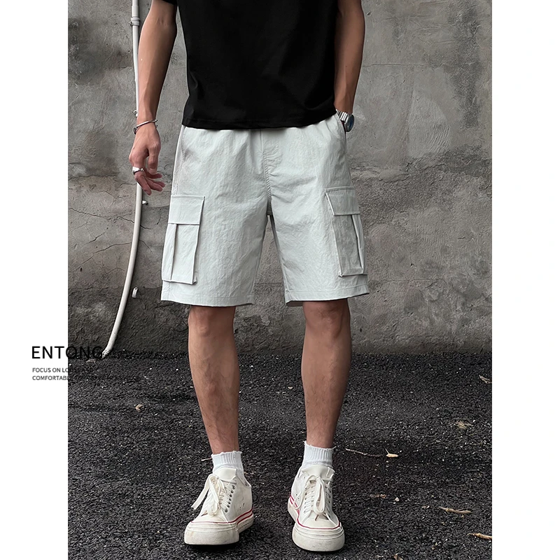 Entong美式薄款松紧腰速干工装短裤男生夏季宽松休闲冰丝五分裤子