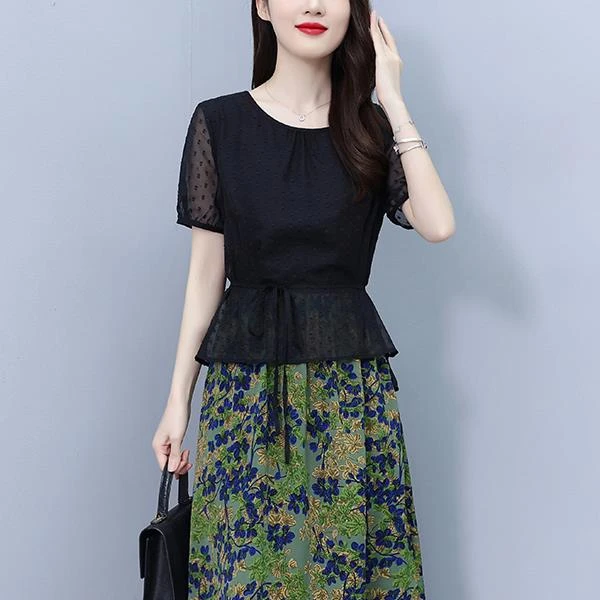 DUCURNO假两件碎花连衣裙女夏季2025新款时尚显瘦气质设计感A字裙