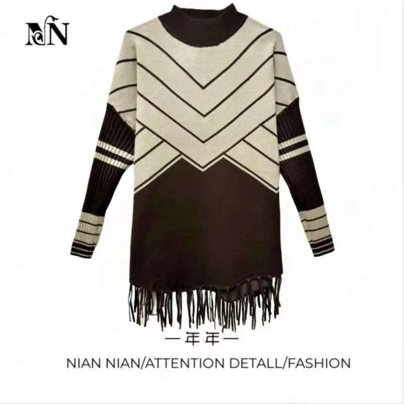 2025秋冬网红新款中长款气质条纹流苏慵懒风舒适针织加厚保暖上衣