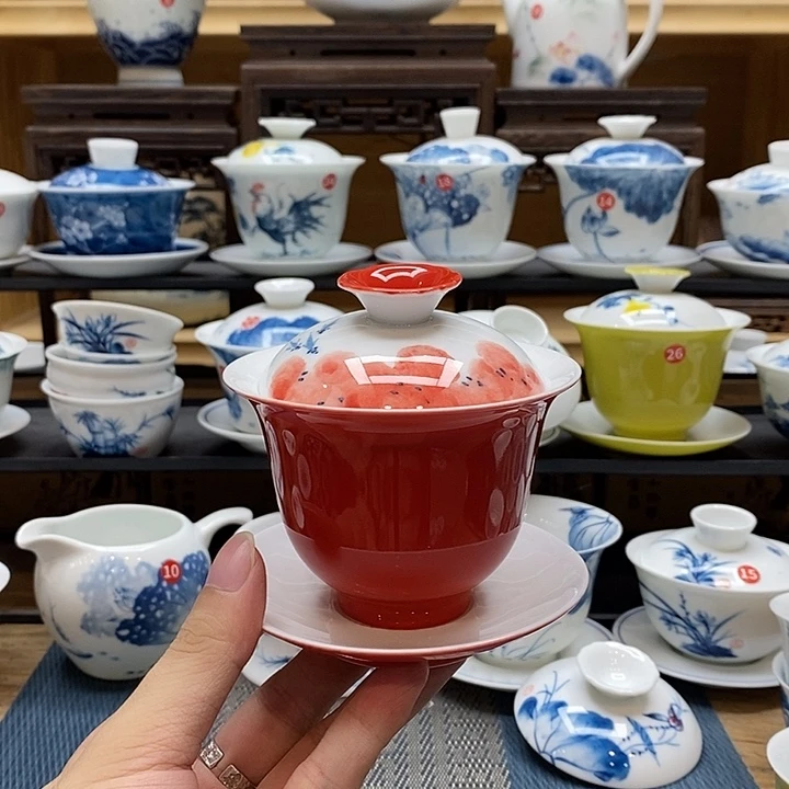 手绘龙船花160盖碗釉下彩高温瓷微瑕福利款