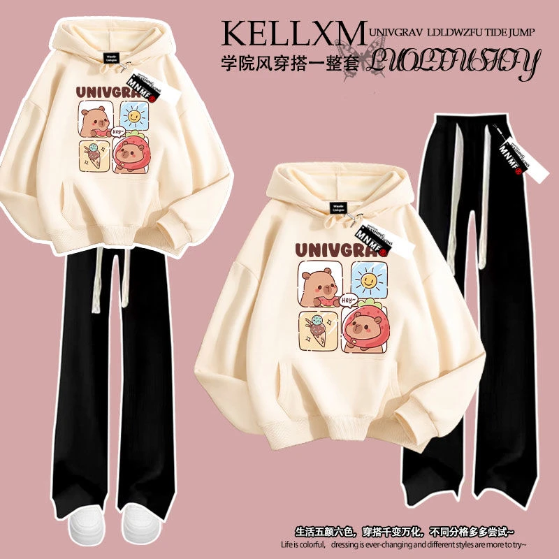 趣味卡通卡皮巴拉印花秋冬季男女童套装连帽卫衣长裤中大童学院风