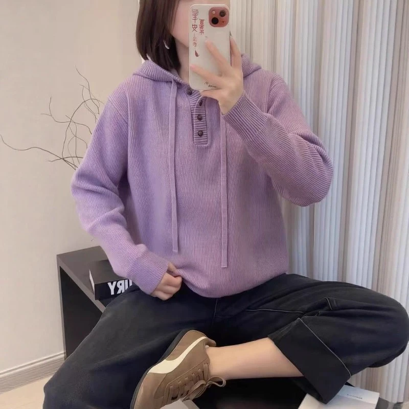 休闲紫色连帽带帽针织衫秋冬新款胖MM大码女装宽松长袖毛衣上衣