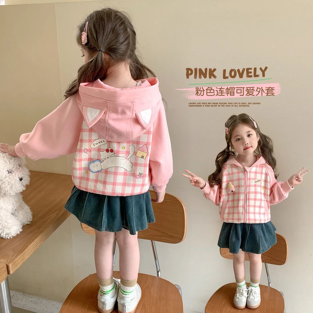 女童外套2025新款洋气女宝儿童连帽格子上衣拼色卡通秋装休闲衣服