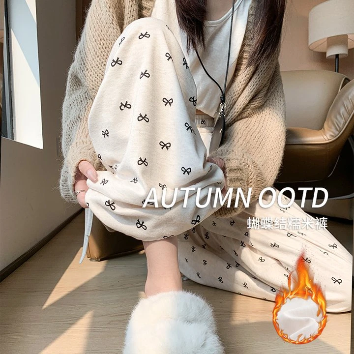 蝴蝶结糯米裤女秋冬季2024新款高腰垂感宽松慵懒休闲小个子阔腿裤