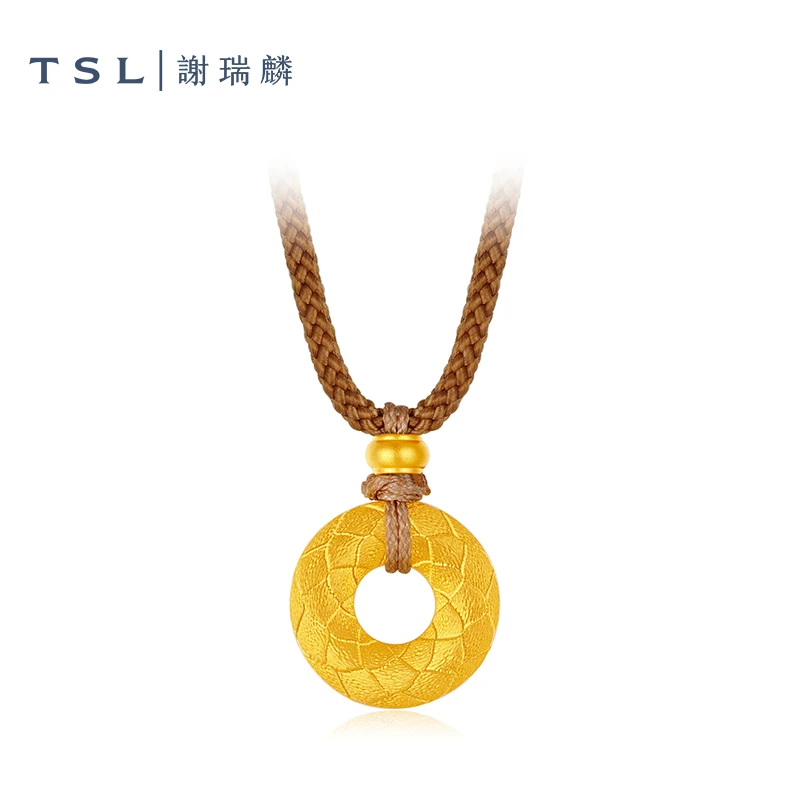 TSL/谢瑞麟计价足金古法双面龙鳞平安扣吊坠古风甜甜圈编绳挂坠