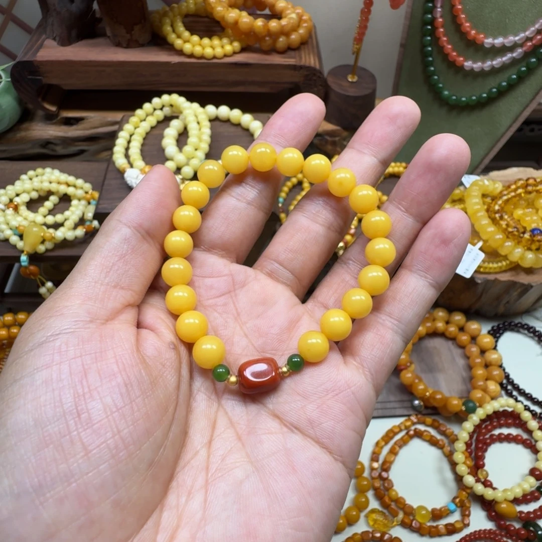 未镶嵌琥珀手串鸡油黄圆珠单圈8mm
