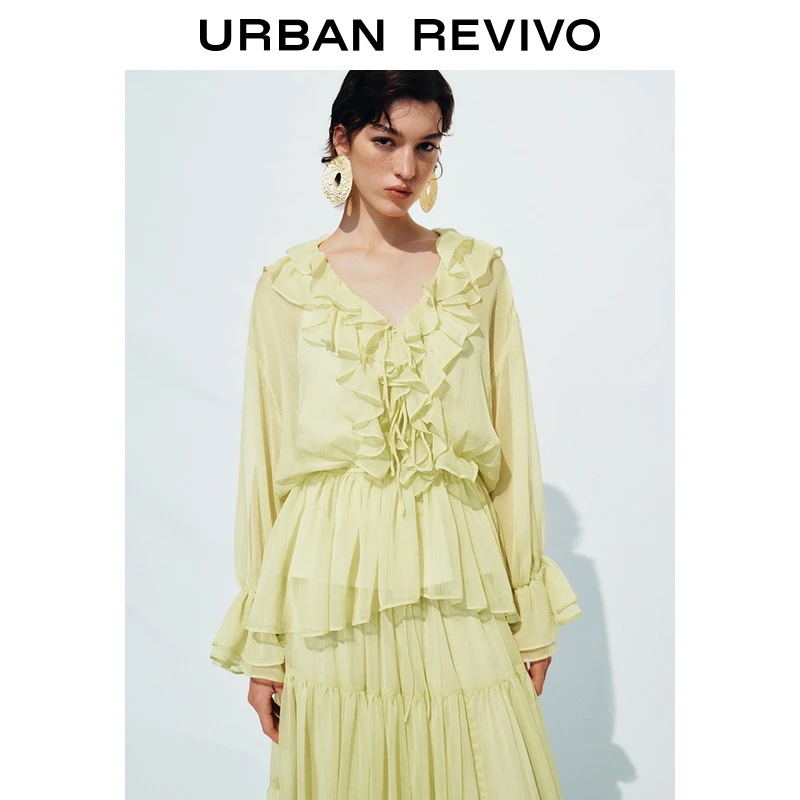 UR2025秋季新款女装叠层荷叶边系带超宽松罩衫衬衫UWH250123