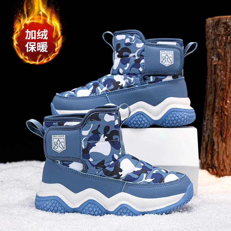 儿童雪地靴冬季新款加绒保暖高帮棉靴中大童男女童防水魔术粘棉鞋