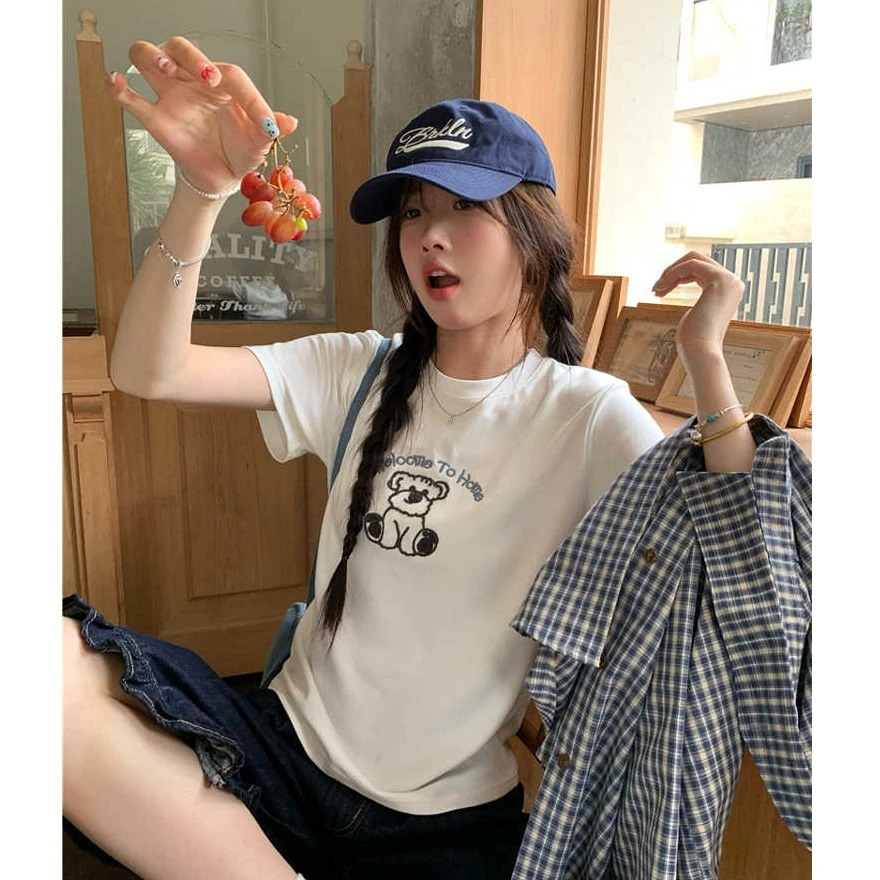 萌萌线条狗 可爱小狗刺绣圆领短袖T恤显瘦正肩上衣女2025夏季新款