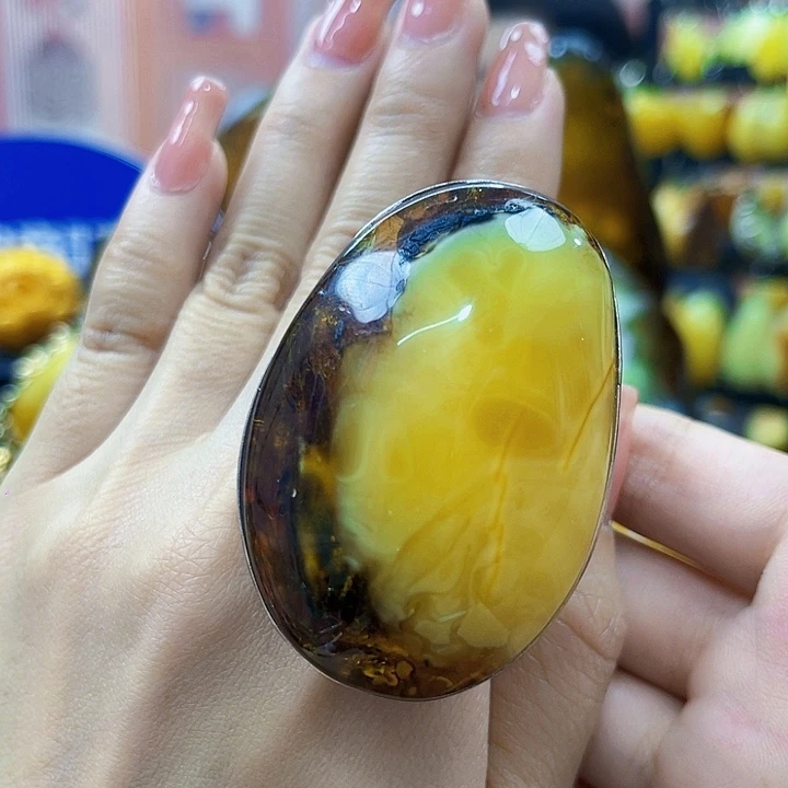 琥珀银S925镶嵌颈饰戒指