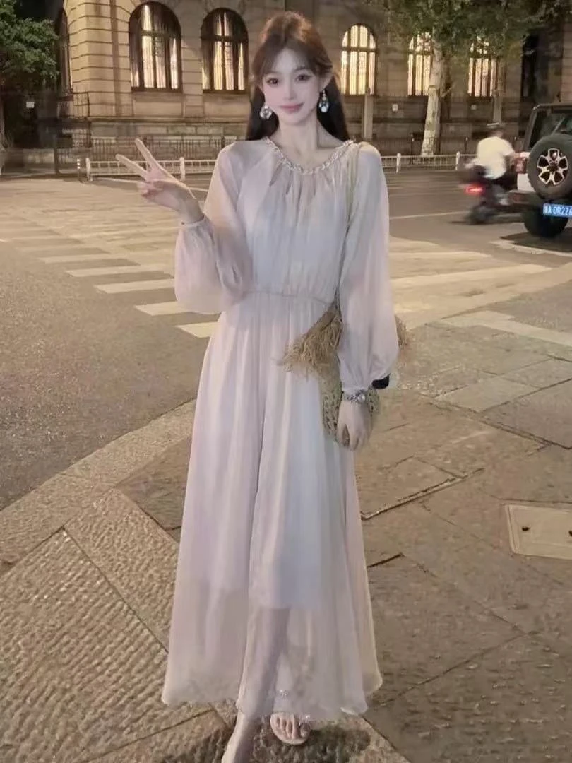 8614 高级感气质甜美长袖连衣裙夏季新款温柔轻薄显瘦长裙子