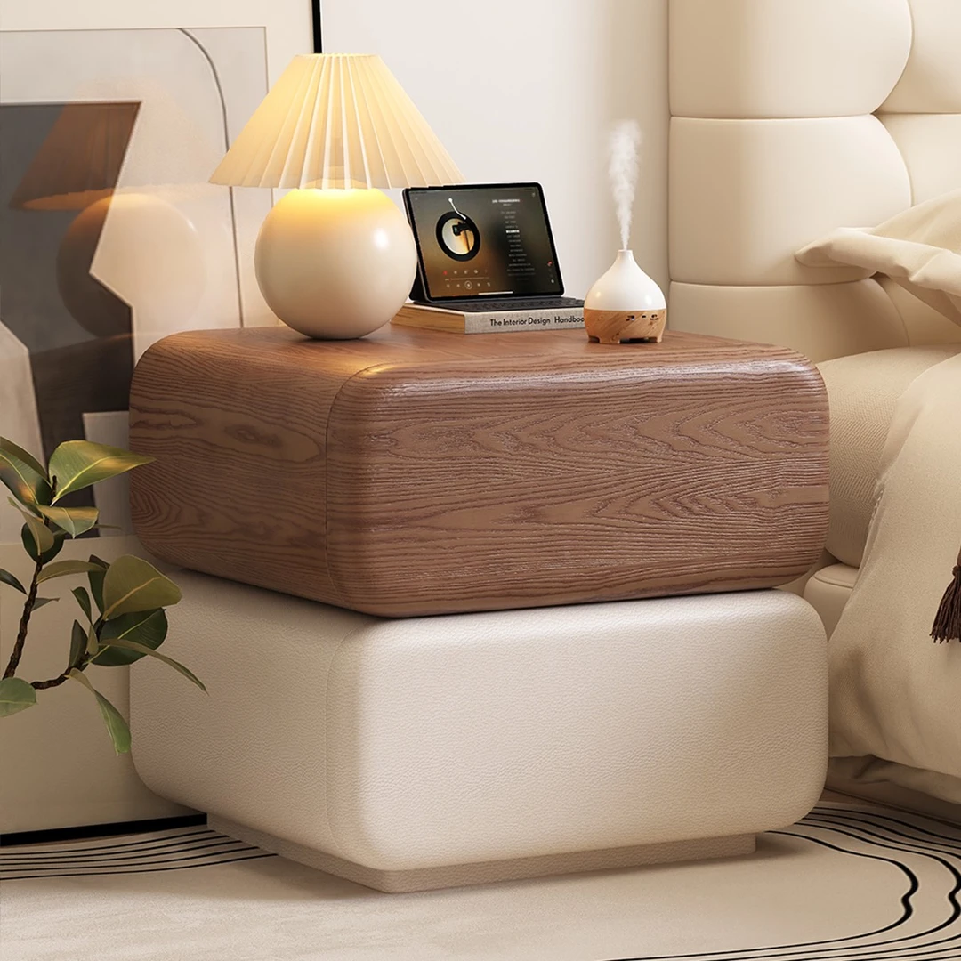 三梦实木床头柜家用卧室2025新款小型中古奶油风现代简约床边柜子