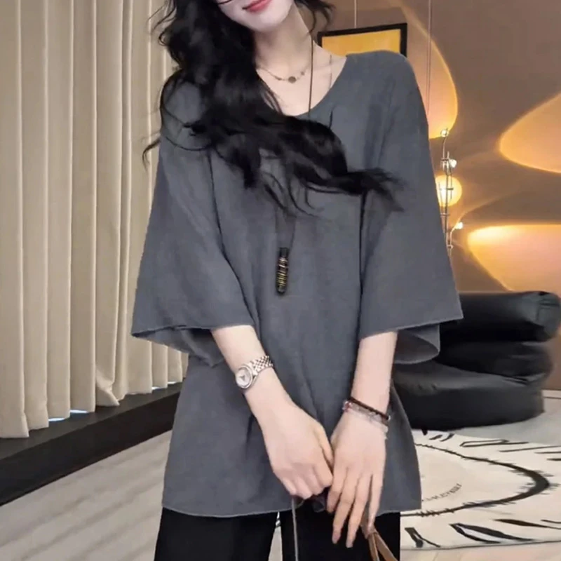 高级感灰色薄款针织短袖女新款春秋时尚百搭宽松慵懒中长款上衣潮