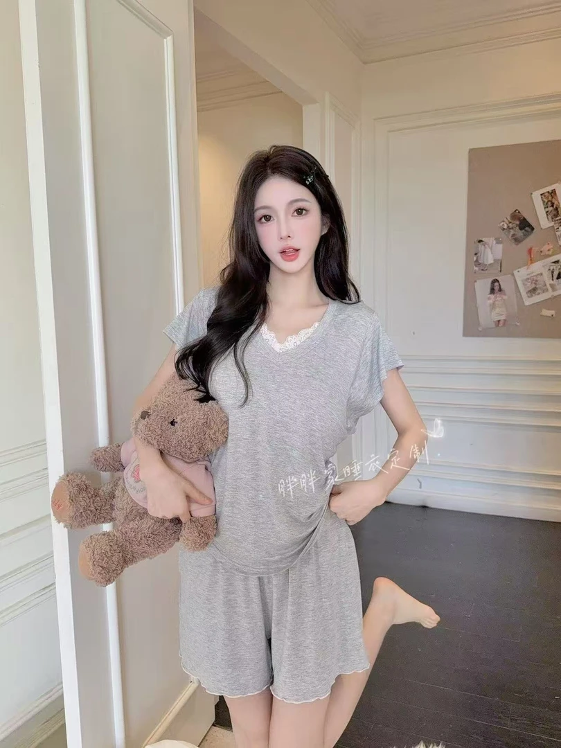 【奶皮慕斯】夏季纯欲风睡衣女带胸垫代尔棉显瘦短袖长裤家居服