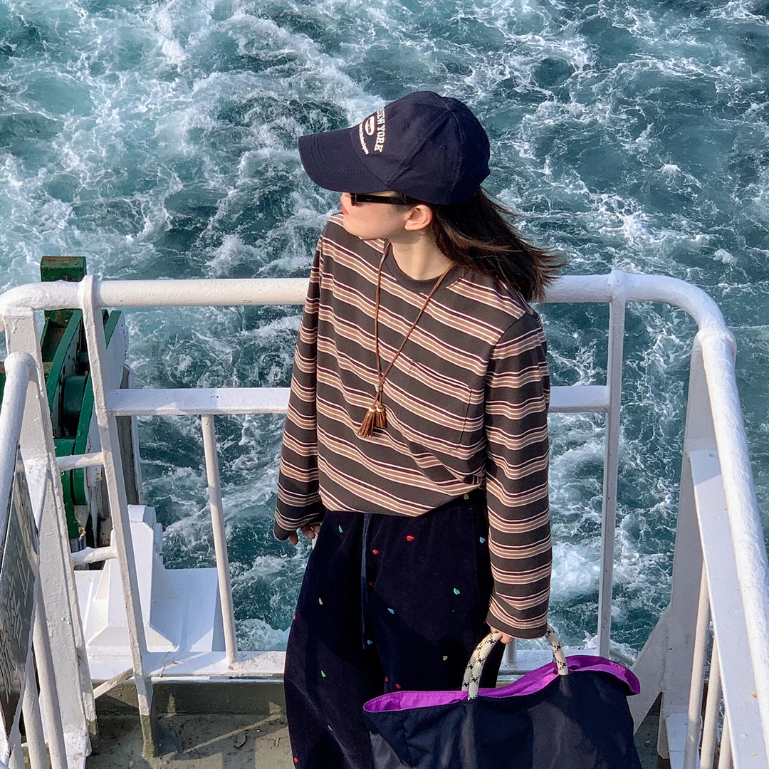 莉贝琳sisy条纹T恤190g百搭休闲条纹宽松圆领长袖女S25308TS05