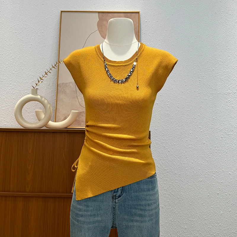 【现货】设计感后背镂空针织衫女夏新款时尚不规则抽绳收腰气质上衣