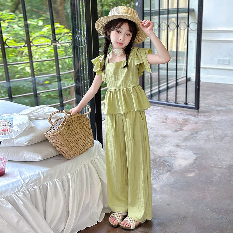 女童夏季套装2025新款夏装女孩时尚休闲棉布飞袖儿童山本裤两件套